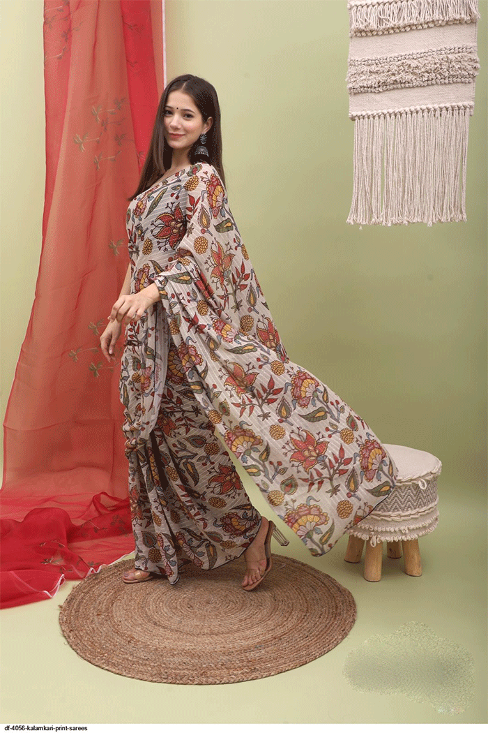 MySilkLove Thatch Cream Kalamkari Print Saree