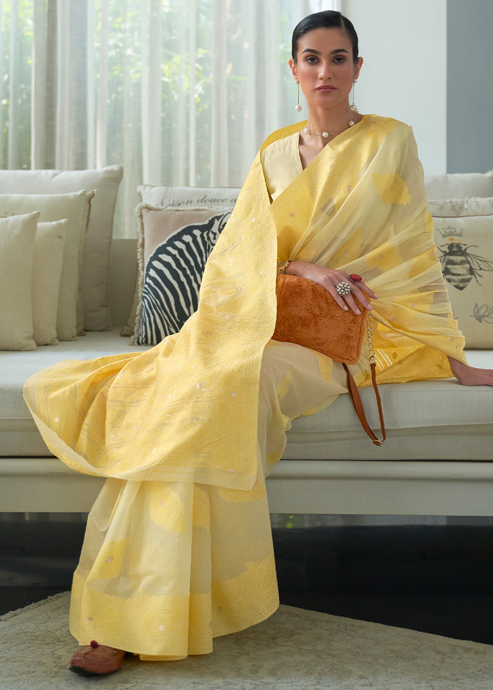 MySilkLove Goldenrod Yellow Lucknowi Chikankari Woven Silk Saree