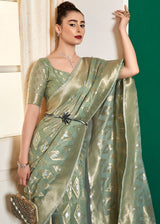 Finch Green Woven Banarasi Cotton Modal Silk Saree