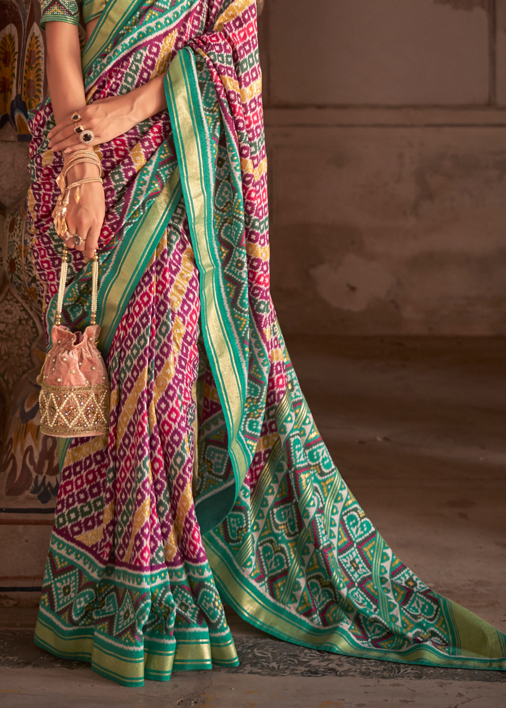 Buy MySilkLove Silver Tree Green and Pink Patola Silk Saree Online