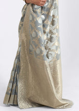 Gray Olive Zari Woven Linen Saree