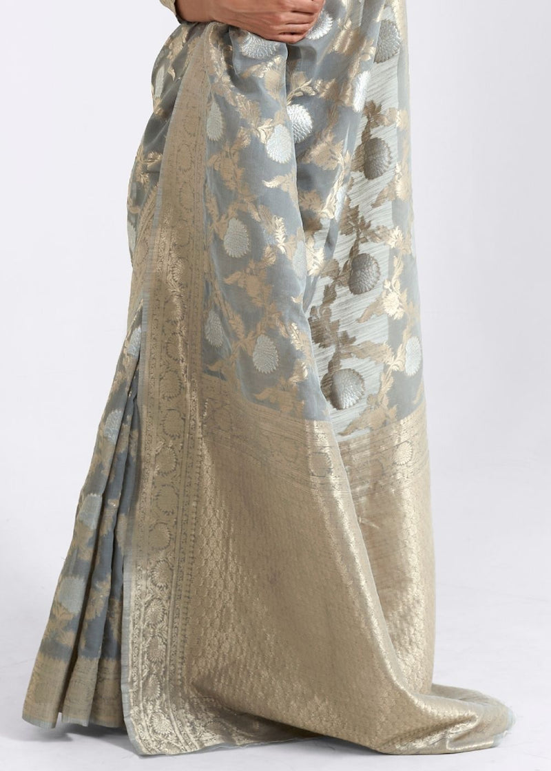 Gray Olive Zari Woven Linen Saree