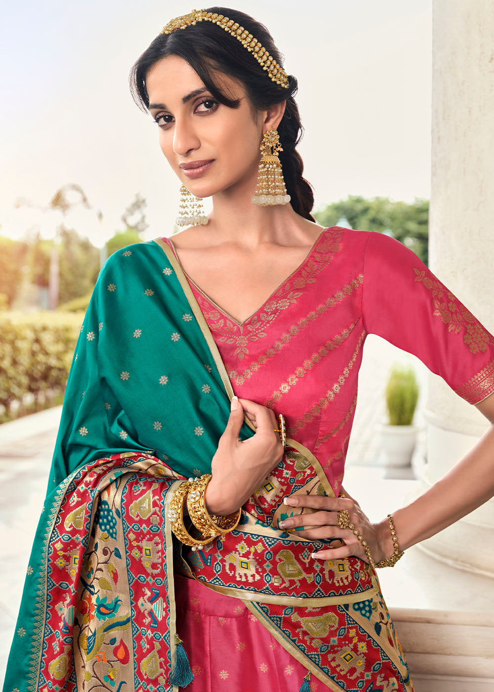 Buy MySilkLove Rose Pink and Green Banarasi Silk Lehenga Choli Online