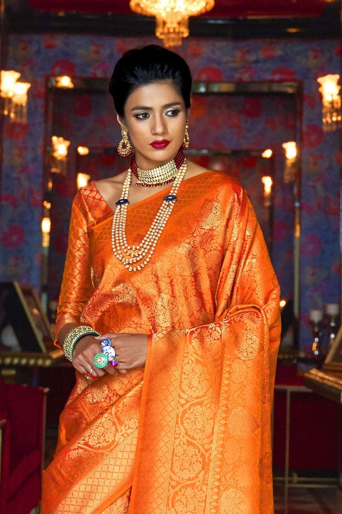 Buy MySilkLove Jaffa Orange Gold Handcrafted Kanjivaram Saree - MySilkLove Online