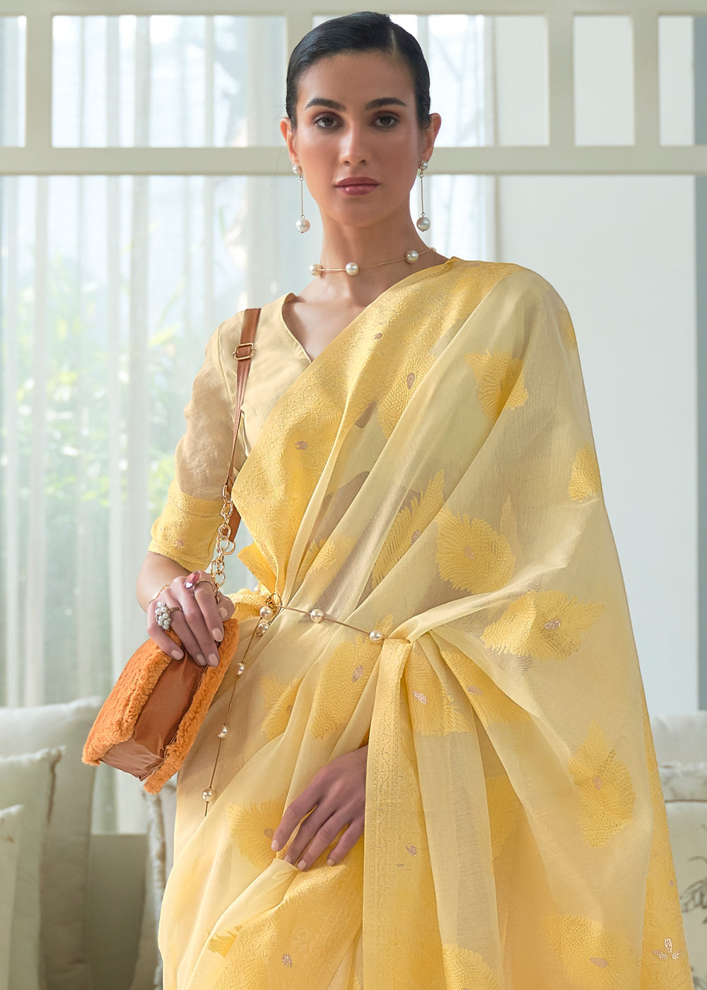 Buy MySilkLove Goldenrod Yellow Lucknowi Chikankari Woven Silk Saree Online