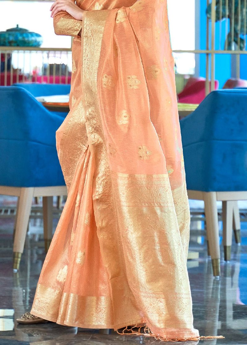 Peach Orange Woven Banarasi Tissue Saree