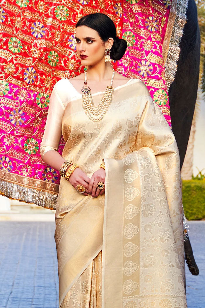 White Gold Woven Kanjivaram Saree - MySilkLove