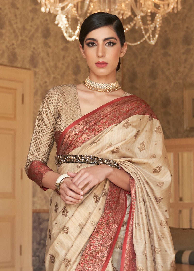 Brandy Cream Zari Woven Banarasi Saree