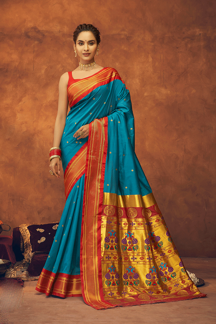 Buy MySilkLove Fountain Blue and Red Zari Woven Paithani Saree Online