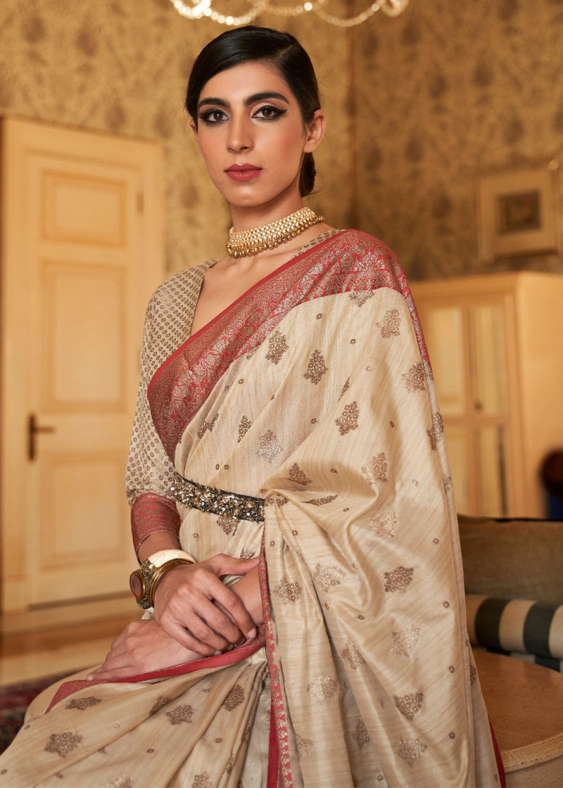Brandy Cream Zari Woven Banarasi Saree