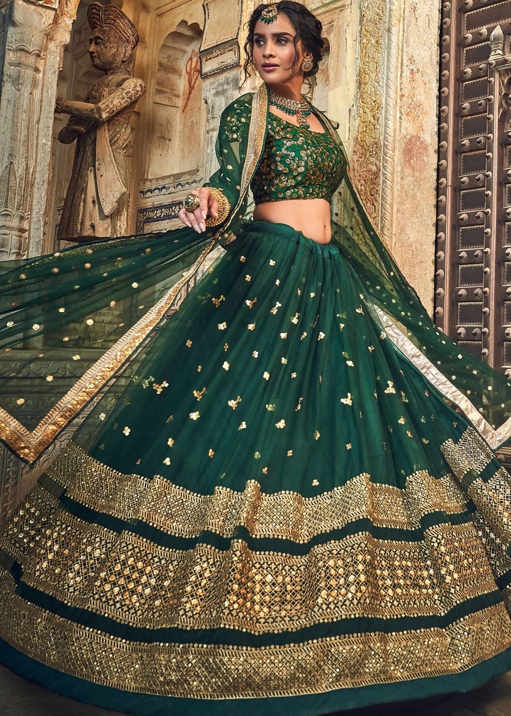 Buy MySilkLove Tiber Green Soft Net Lehenga Choli Online