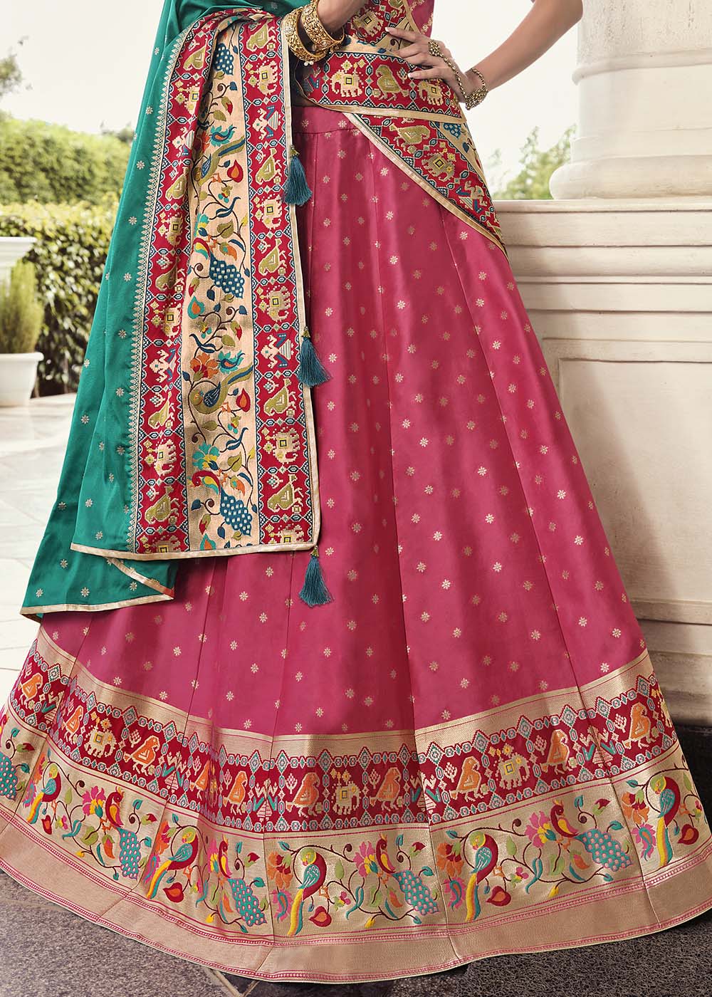 Buy MySilkLove Rose Pink and Green Banarasi Silk Lehenga Choli Online