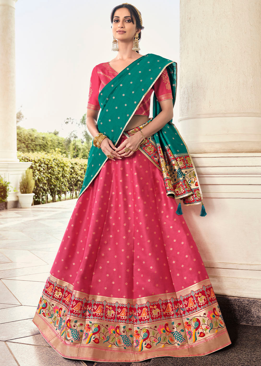 MySilkLove Rose Pink and Green Banarasi Silk Lehenga Choli