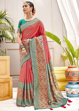 Cognac Red and Blue Zari Woven Banarasi Saree