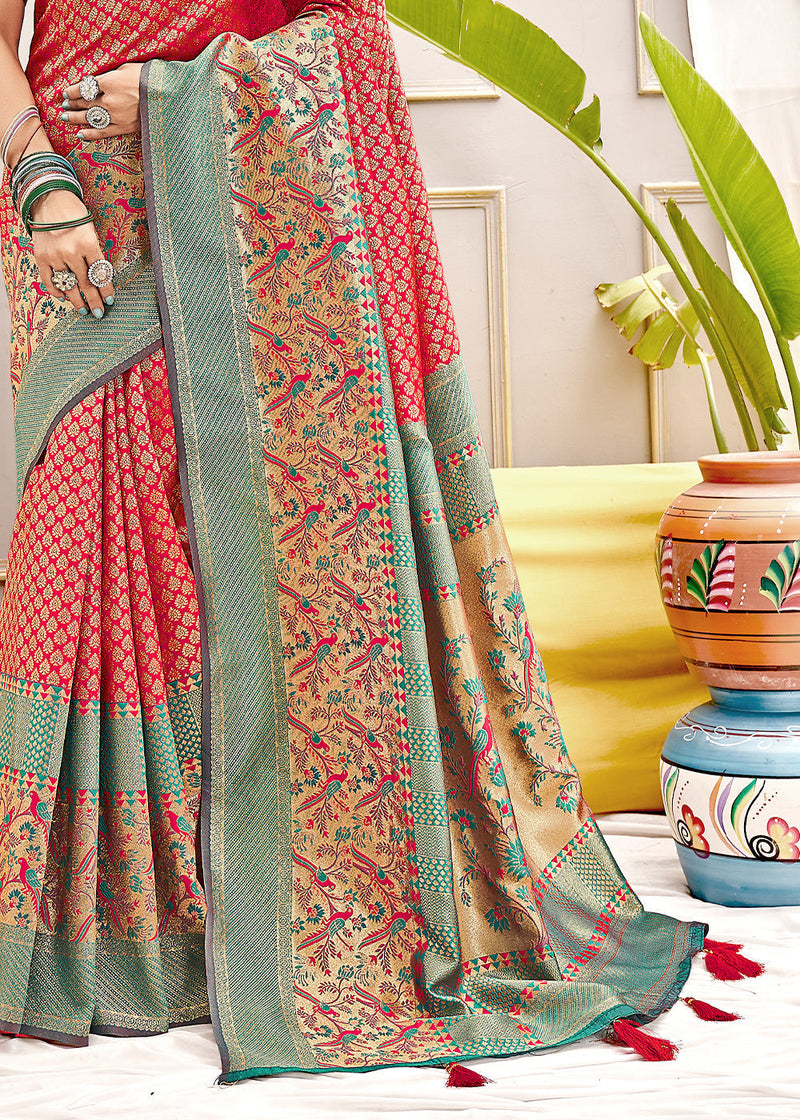 Cognac Red and Blue Zari Woven Banarasi Saree