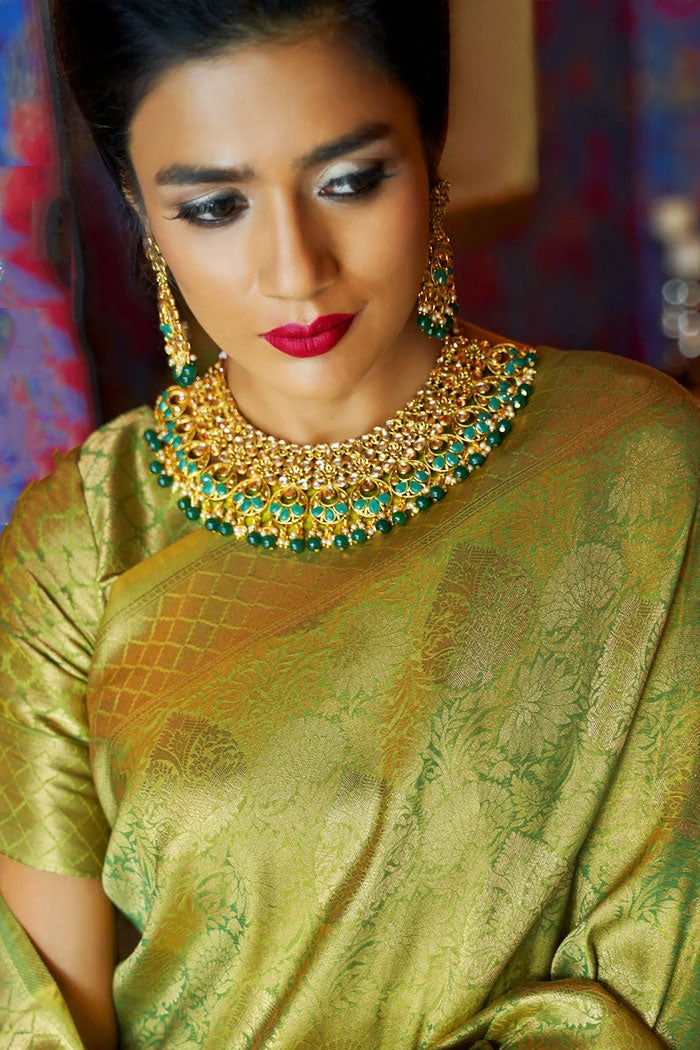 Sycamore Green Handcrafted Kanjivaram Saree - MySilkLove