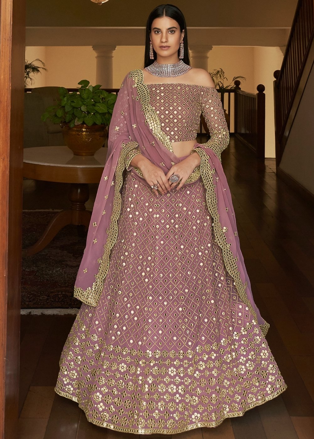 Buy MySilkLove Copper Light Purple Georgette Lehenga Choli Online