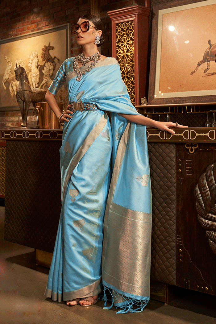 Shadow Blue Zari Woven Banarasi Silk Saree