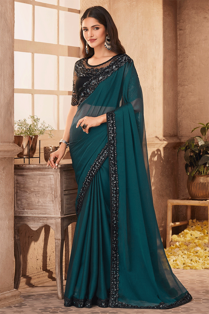 Buy MySilkLove Plantation Blue and Black Designer Partywear Saree Online