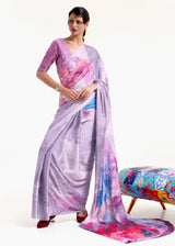 London Hue Purple Printed Satin Silk Saree