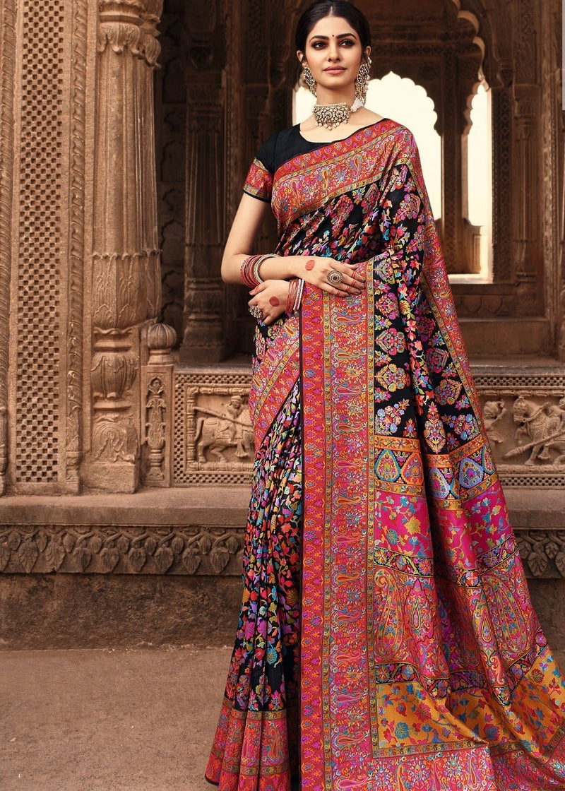 Night Rider Black Handloom Thread Woven Jamawar Saree