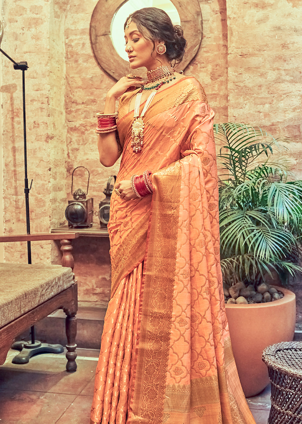 MySilkLove Hit Peach Woven Banarasi Silk Saree