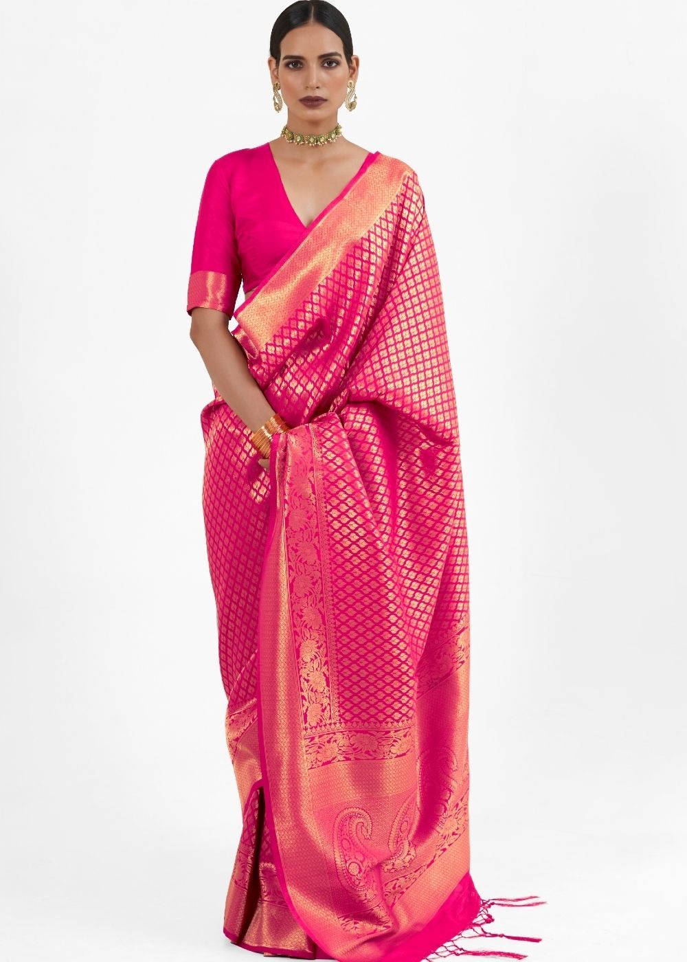 Buy MySilkLove Cerise Pink zari Woven Kanjivaram Silk Saree Online