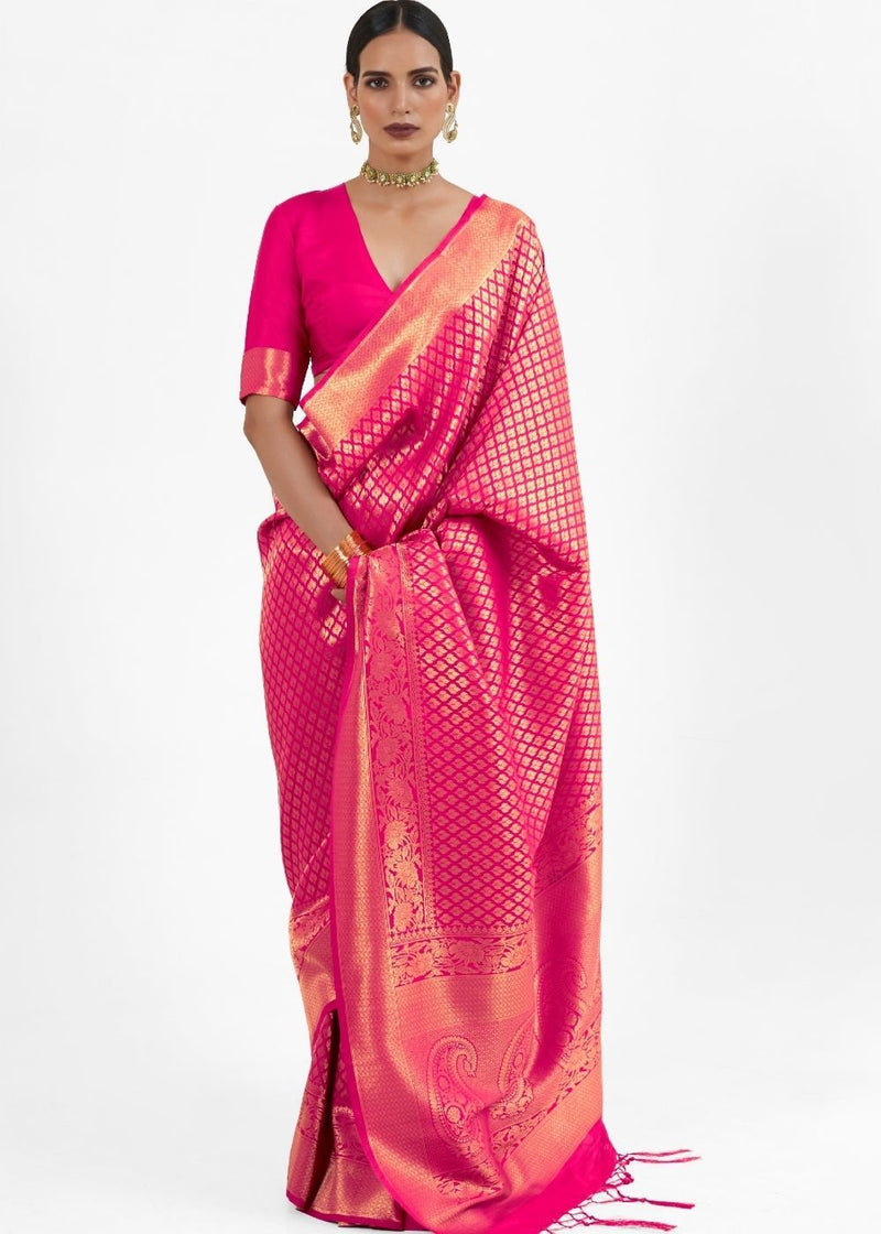 Cerise Pink zari Woven Kanjivaram Silk Saree
