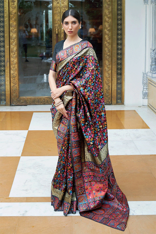 Midnight Black Kashmiri Jamawar Banarasi silk Saree