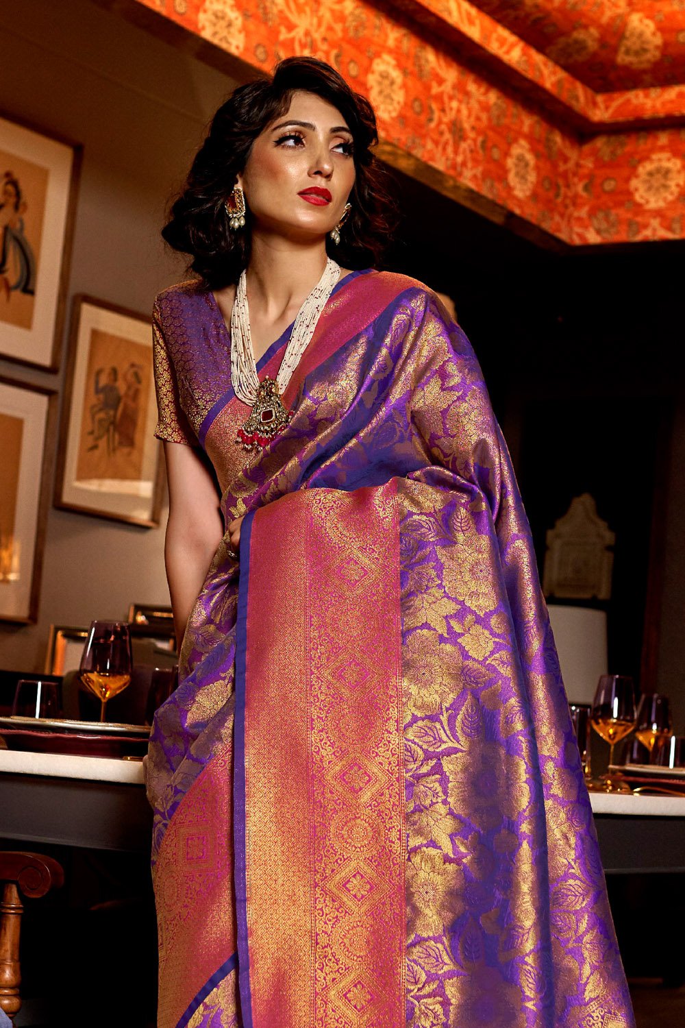 Buy MySilkLove Cosmic Purple and golden Woven Kanjivaram Saree Online