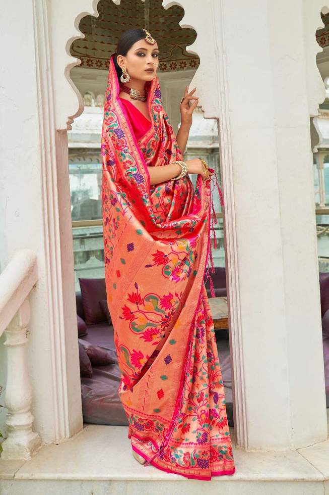 Red Golden Zari woven Paithani Silk Saree