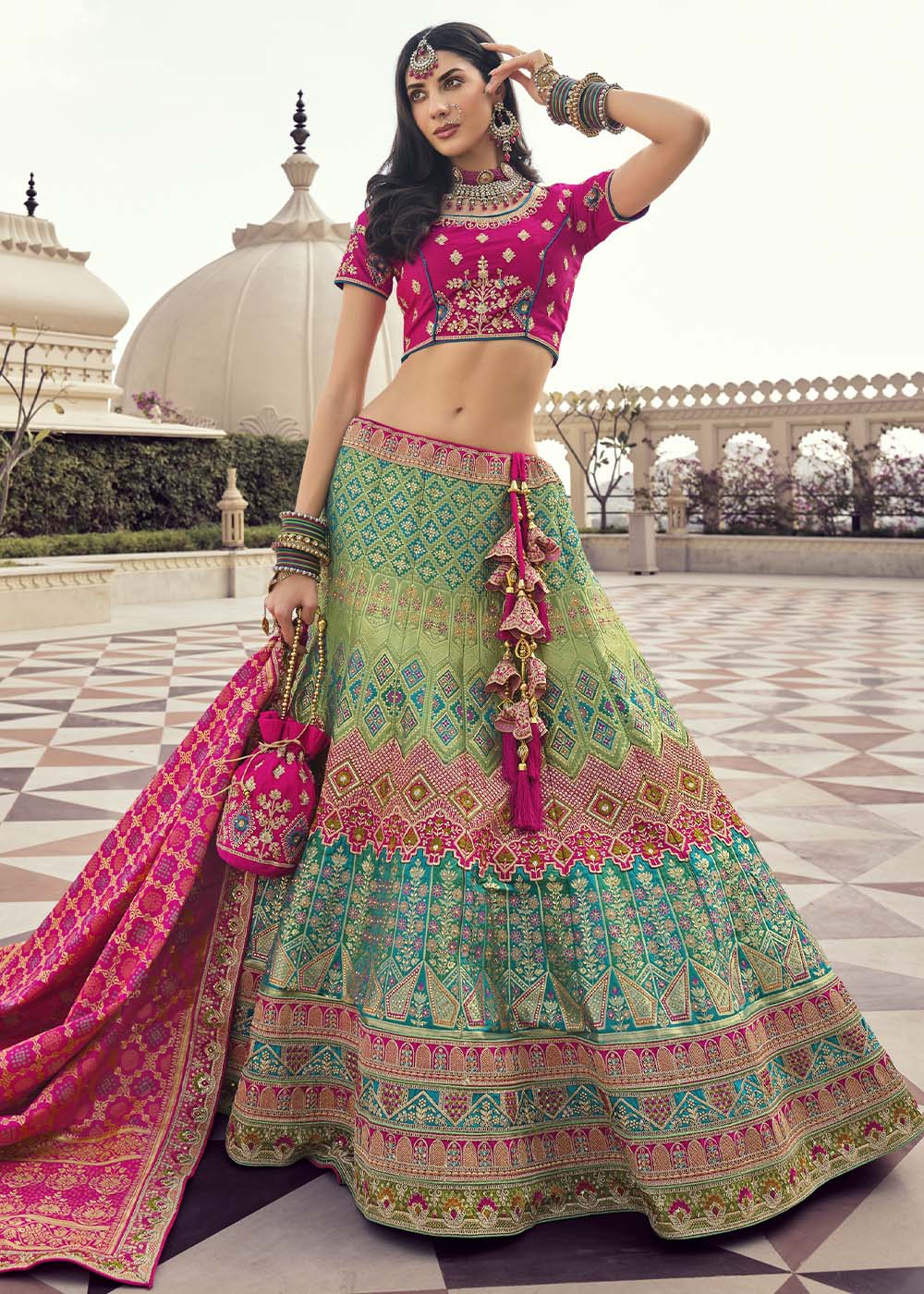 Buy MySilkLove Locust Green and Pink Banarasi Silk Lehenga Choli Online