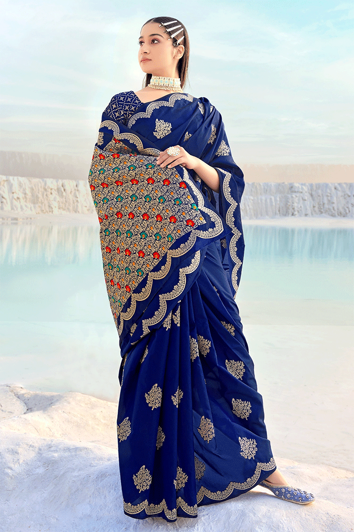 Buy MySilkLove Deep Cove Blue Zari Woven Banarasi Saree Online