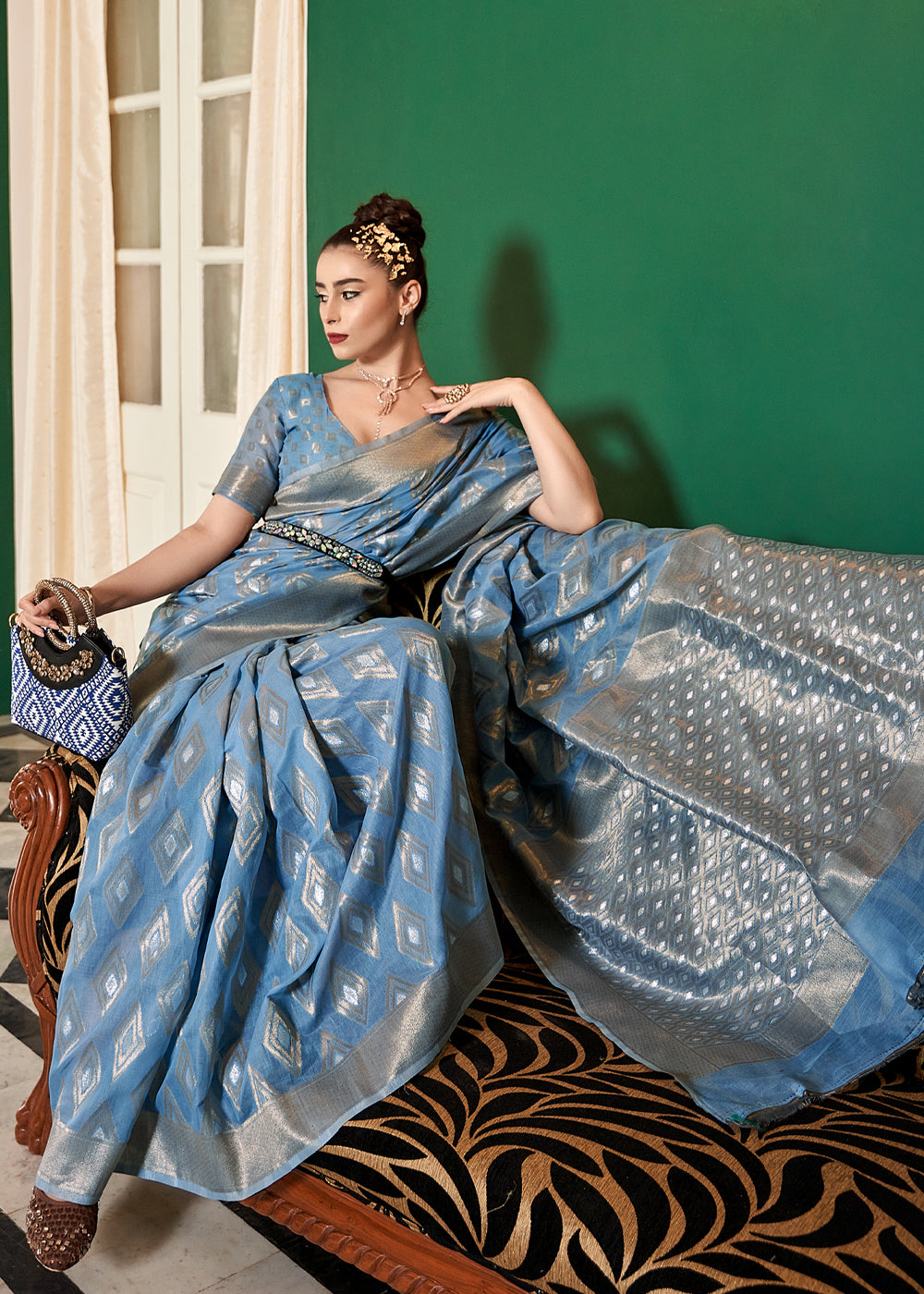 Buy MySilkLove Polo Blue Woven Banarasi Cotton Modal Silk Saree Online