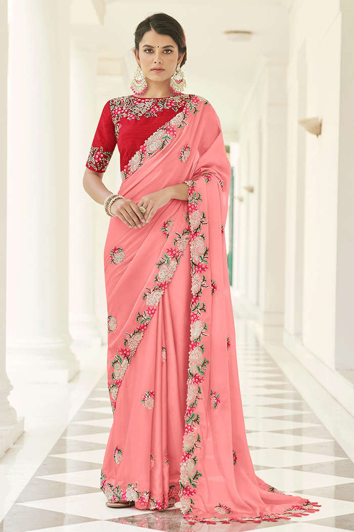 Buy MySilkLove Froly Pink and Red Georgette Partywear Saree Online