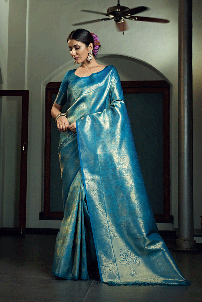 Jelly Blue Zari Woven Kanjivaram Saree
