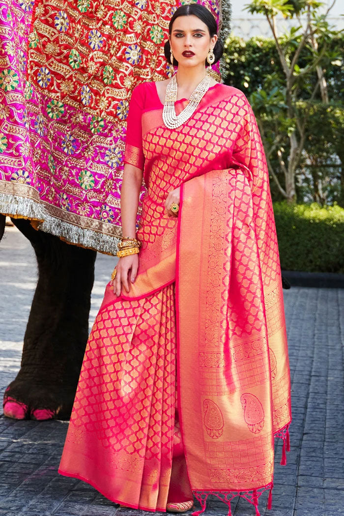 Hot Pink Woven Kanjivaram Saree