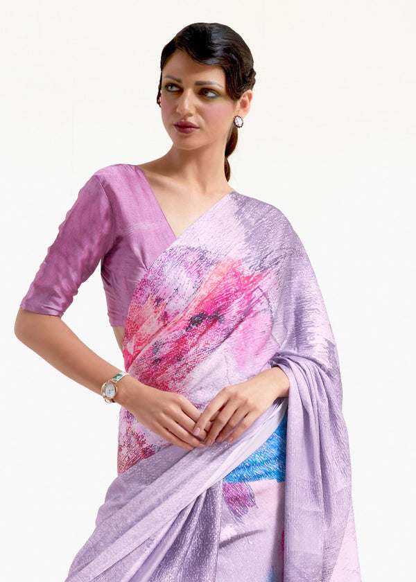 London Hue Purple Printed Satin Silk Saree
