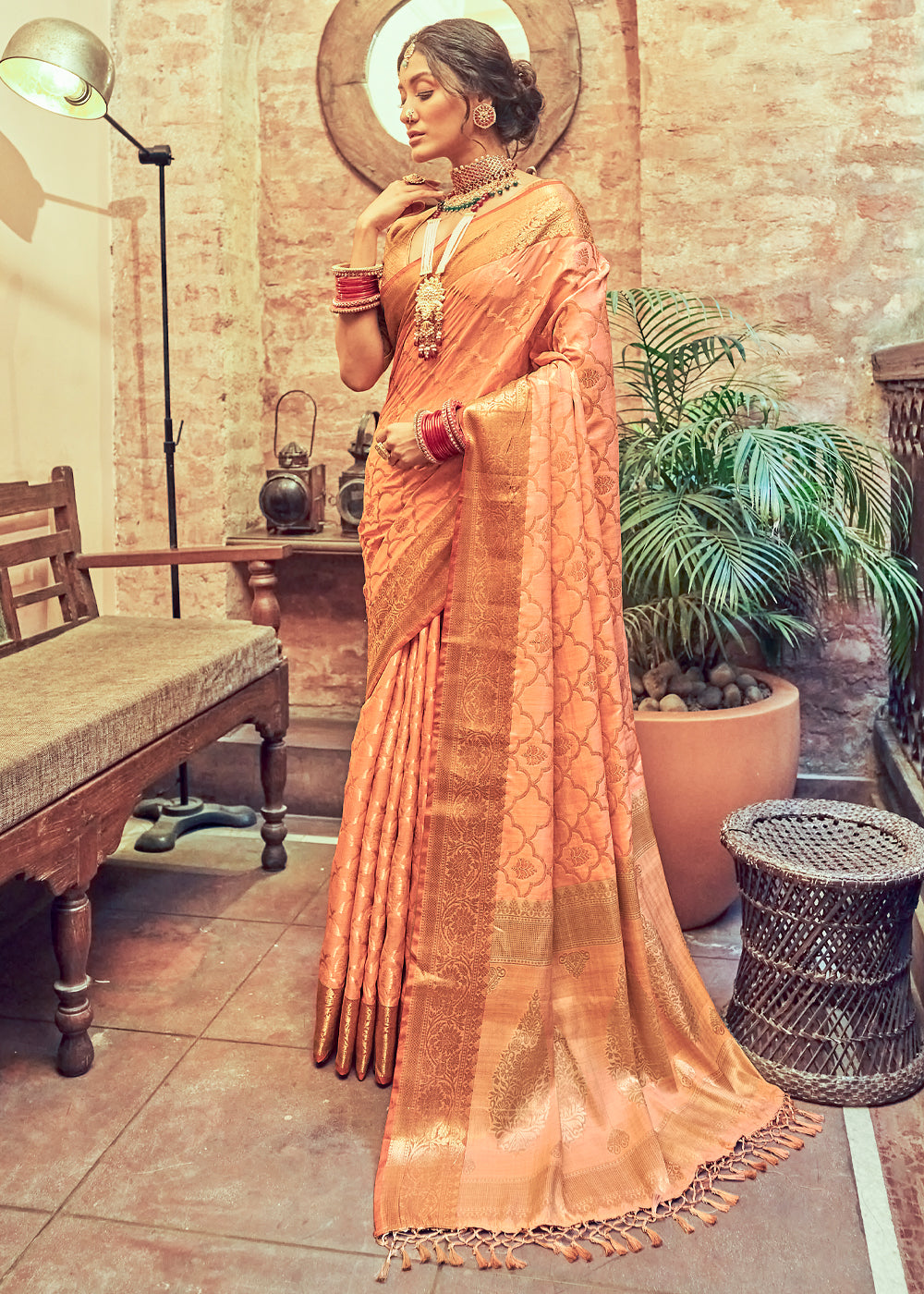Buy MySilkLove Hit Peach Woven Banarasi Silk Saree Online