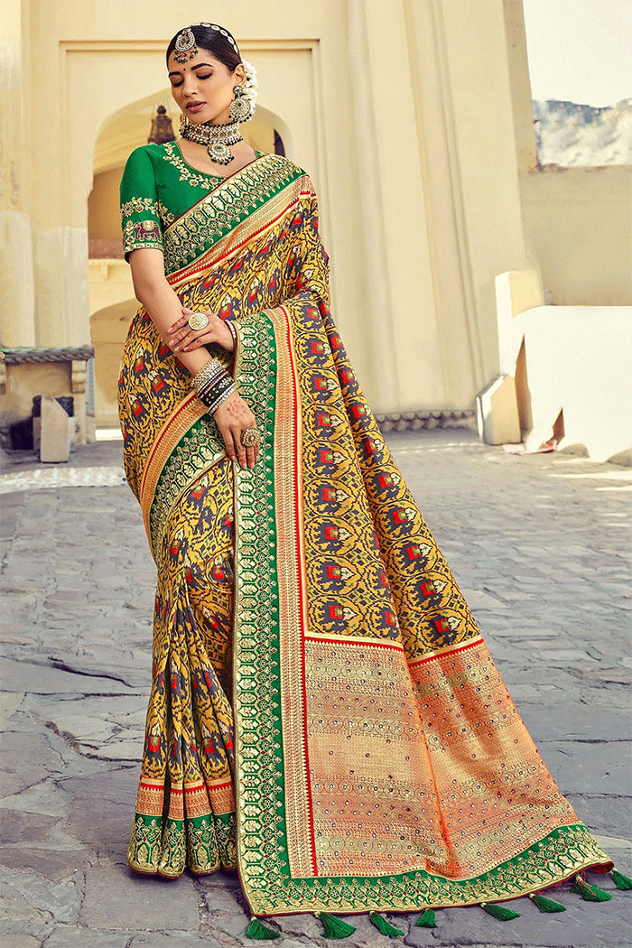 Buy MySilkLove Aztec Gold Yellow and Green Zari Woven Patola Saree with Designer Blouse Online