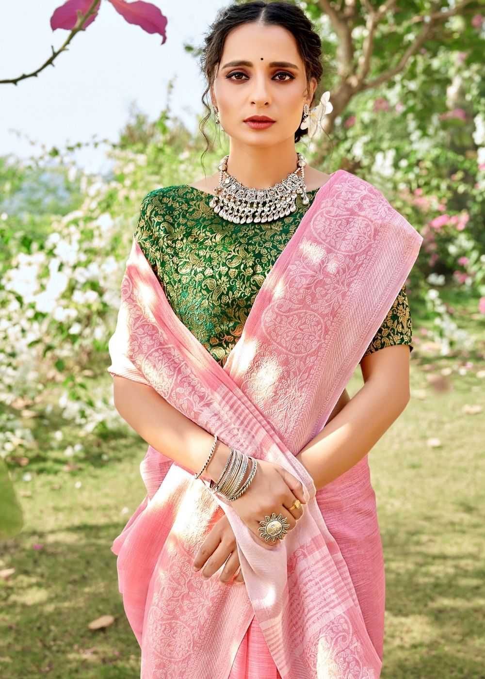 Buy MySilkLove Pink Sherbert Linen Saree Online