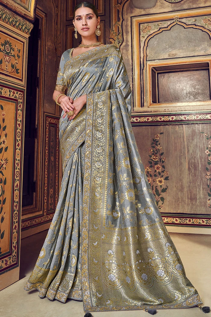 Buy MySilkLove Oslo Grey Woven Designer Banarasi Saree - MySilkLove Online