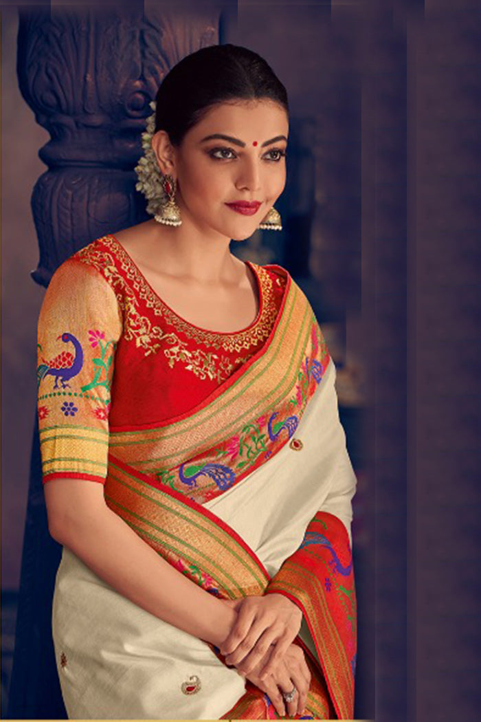 Buy MySilkLove Akaroa White Designer Paithani Saree - MySilkLove Online
