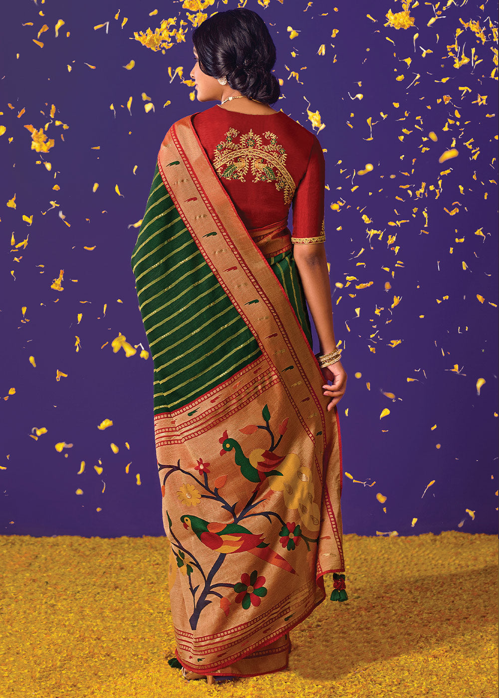 Buy MySilkLove Thatch Green Printed Paithani Saree With Embroidered Blouse Online