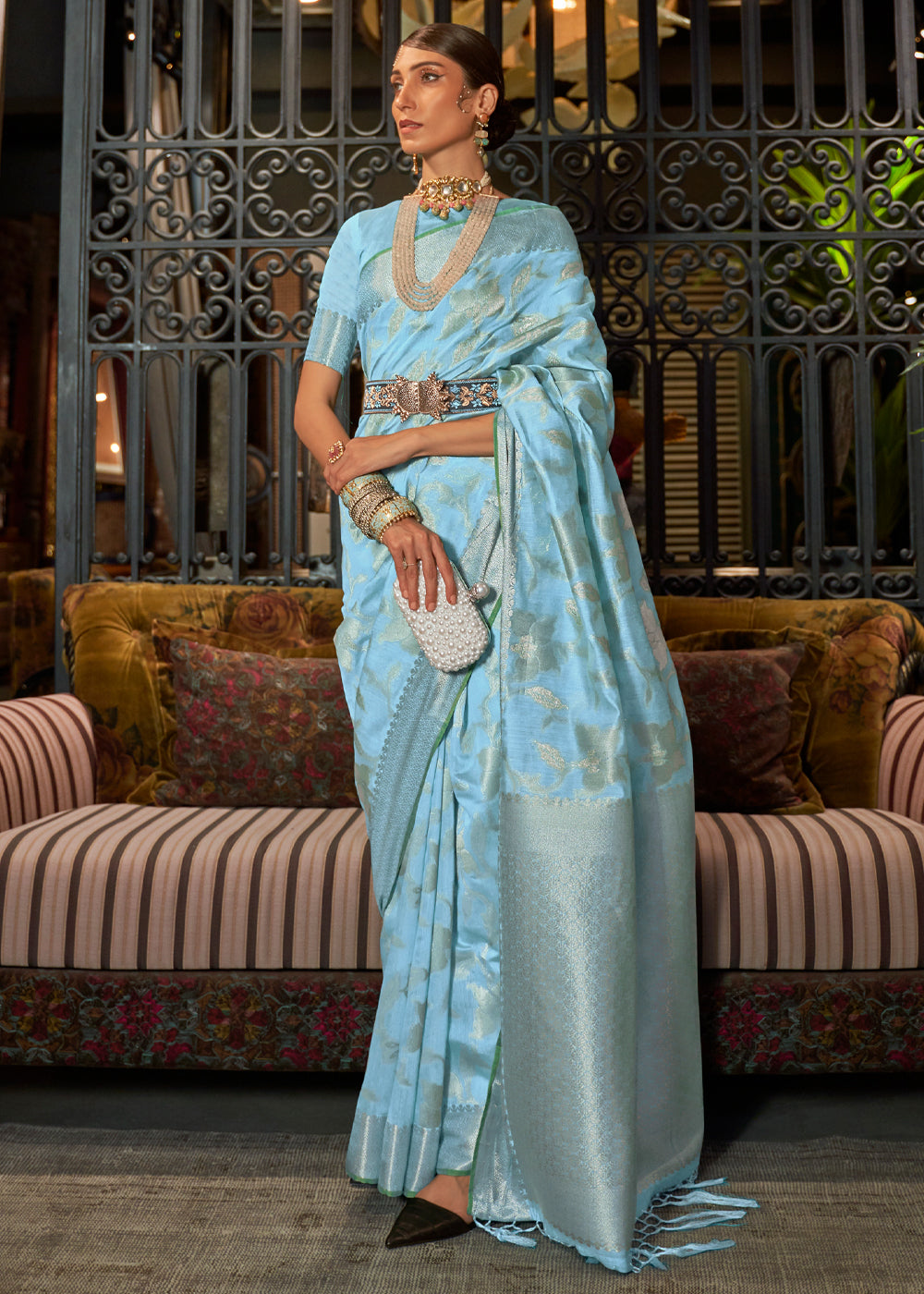 Buy MySilkLove Glacier Blue Zari Woven Banarasi Silk Saree Online