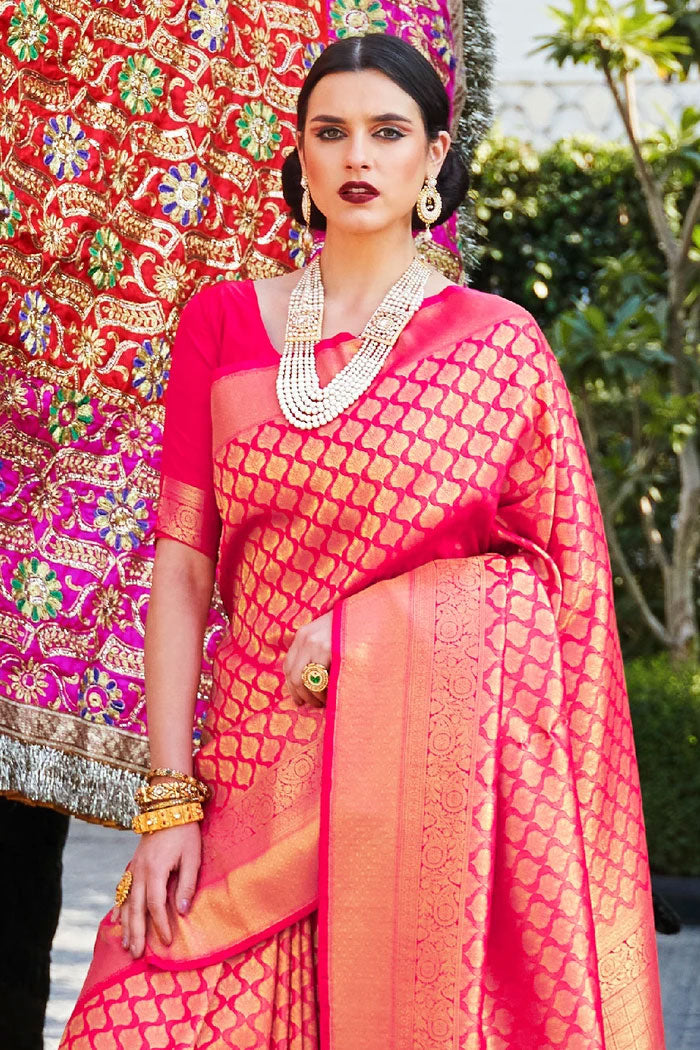 Hot Pink Woven Kanjivaram Saree - MySilkLove