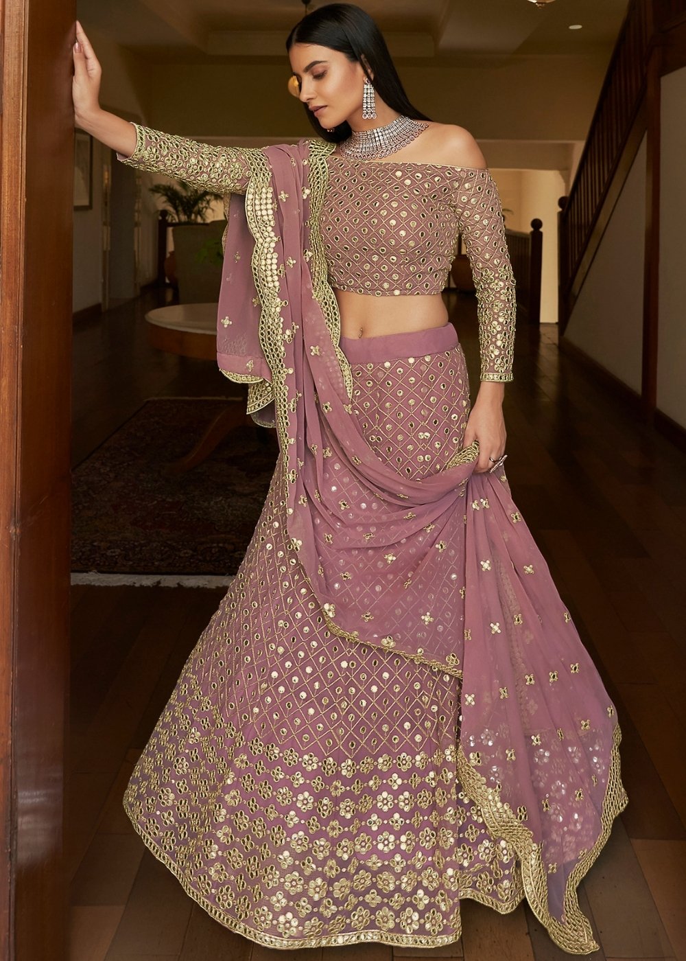 Buy MySilkLove Copper Light Purple Georgette Lehenga Choli Online