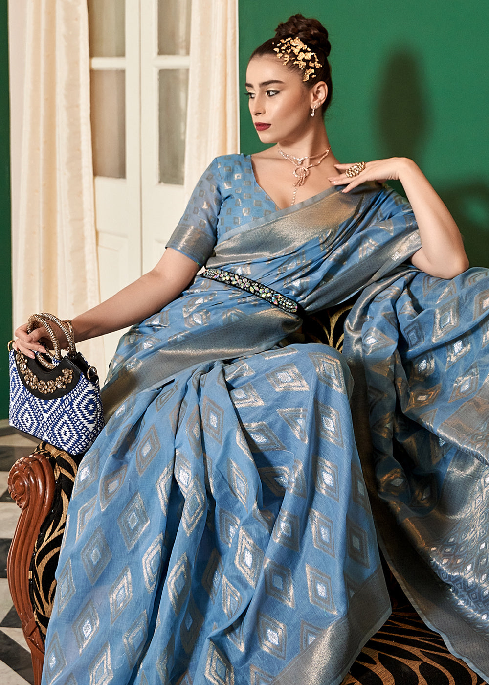 Buy MySilkLove Polo Blue Woven Banarasi Cotton Modal Silk Saree Online