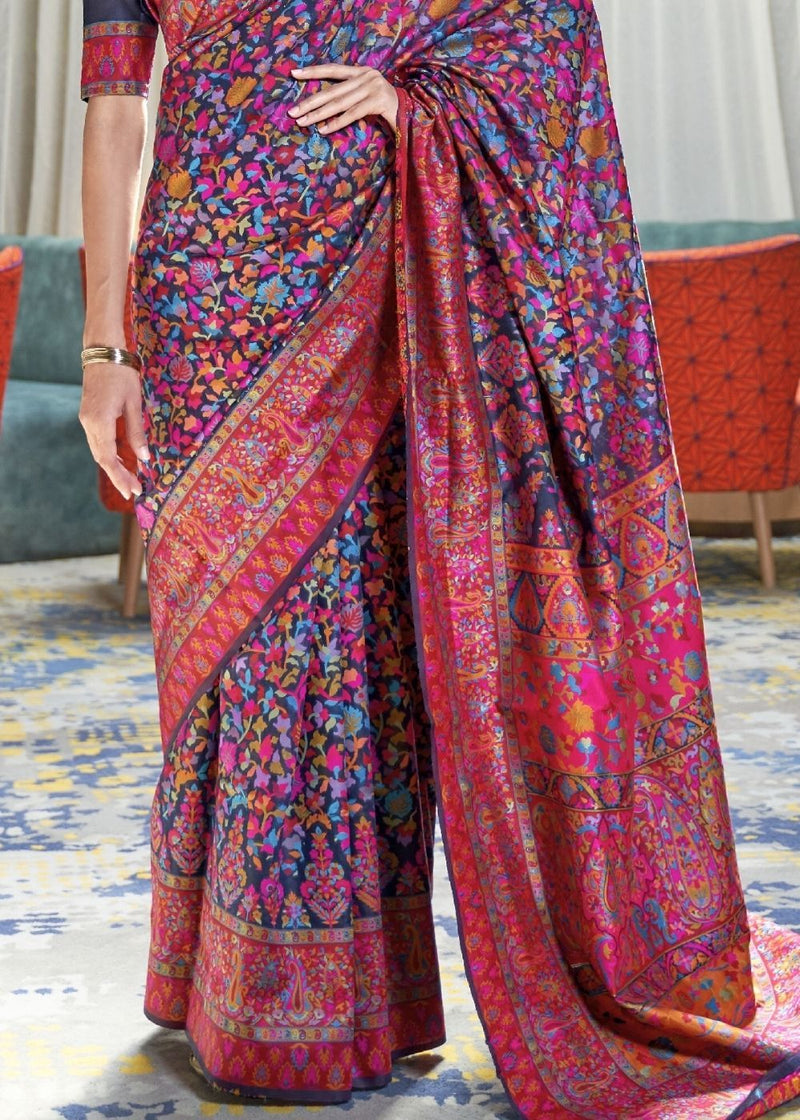 Ebony Clay Blue Banarasi Jamawar Woven Silk Saree