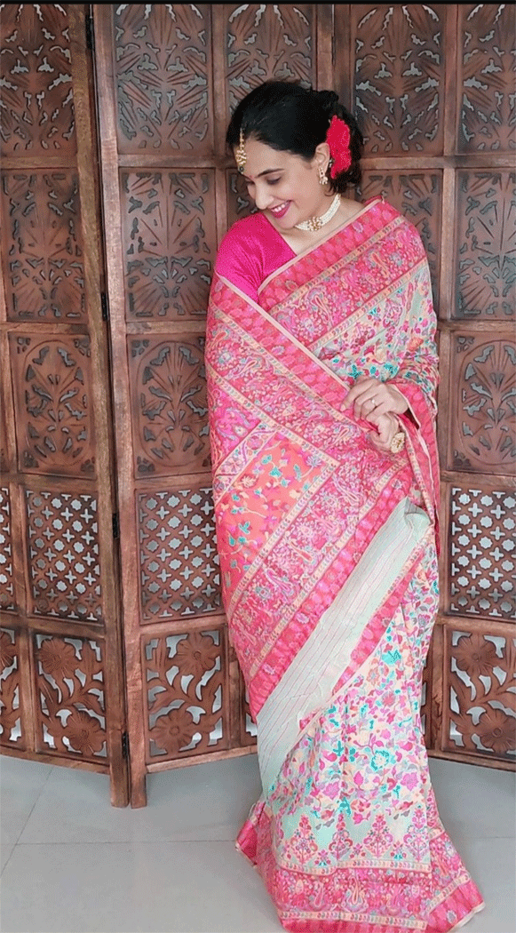 Razzmatazz Pink Banarasi Jamawar Woven Silk Saree